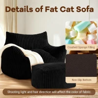 Ergonomic Lazy Sofa with High-Density Shredded Foam, Corduroy Bean Bag Chair for Balcony or Guest Room, 103L x 90W x 70H cm, Black(m-5)