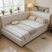 4ft6 Double Bed with Integrated Side Rails, Ideal Bed Frame for Children and Elderly Users, 194L x 146.5W x 82.5H cm, Beige(m-1)