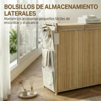 HOMCOM Cesto de Ropa Sucia de Bambú con Tapa 120L con 2 Bolsas con Cordón Extraíbles y Lavables Bolsillos Laterales Natural(m-7)
