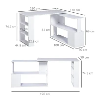 HOMCOM Corner Computer Desk, L Shaped Desk with 360° Rotating Bookshelf, 120L x 110W x 74.5H cm, White(m-3)