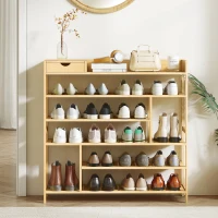 HOMCOM Schoenenrek, Schoenenhouder met 6 niveaus, Lade van bamboe, voor max. 18 paar schoenen, Schoenplank voor entree, slaapkamer, 101 x 30 x 100 cm, Natuur(m-8)