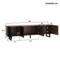 Moderno Móvel de TV de 4 Portas, Grande Capacidade de Arrumação, Design Vintage, 180x38x50 cm, Preto+Cor Natural(m-3)