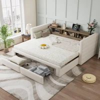 Practical Upholstered Daybed with Pull-Out Trundle, Ideal Bed Frame for Studios, Living Rooms, or Guest Spaces, 200L x 140W x 100H cm, Beige(m-1)