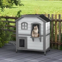 PawHut Katzenhaus Katzenhütte Katzenhöhle, 2 Stockwerke, wetterbeständig, 99,5 cm x 76 cm x 91 cm, Weiß + Grau(m-10)