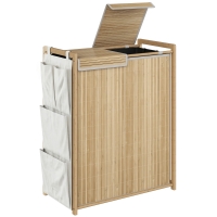 HOMCOM Cesto de Ropa Sucia de Bambú con Tapa 120L con 2 Bolsas con Cordón Extraíbles y Lavables Bolsillos Laterales Natural