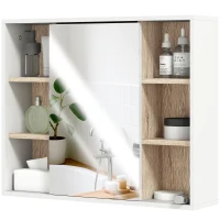 HOMCOM Armoire murale, meuble salle de bain avec miroir, miroir salle de bain avec rangement, placard à portes et 6 compartiments ouverts, 60 x 14,5 x 49,4 cm, blanc(m-11)