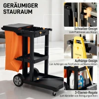 HOMCOM Reinigungswagen Putzwagen mit 3 Ablagefächern Wischwagen mit Müllsack mit Abdeckung, Rollen für Gewerbe(m-4)