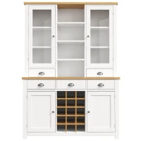 Kitchen Pantry Cabinet with Wine Rack and Adjustable Shelves, Glass-Door Buffet Sideboard with 5 Deep Drawers, 120L x 40W x 185H cm, White(m-2)