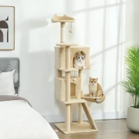 PawHut Árbol Rascador para Gatos 160 cm con Plataformas Cama 2 Cuevas Hamaca Escalera Postes de Sisal Beige(m-10)