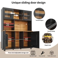 Tall Multi‑Purpose Storage Cabinet with App‑Controlled LED Lighting, Retro-Style Kitchen Hutch for Kitchen or Living Spaces, 140L x 40W x 185H cm, Black(m-5)