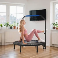 HOMCOM Cama Elástica Plegable Ø114 cm con Mango Ajustable Marco de Acero para Entrenamiento Piernas Cuerpo Azul y Negro(m-9)
