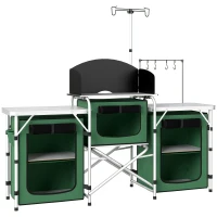 Outsunny Mueble de Cocina para Camping Plegable con 3 Mesas 4 Ganchos Poste de Luz y Bolsa de Transporte 172x48x130 cm Verde(m-1)