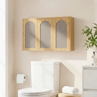 HOMCOM Armario mural de baño bohemio con 3 puertas efecto ratán con cierre suave y estante regulable, roble(m-2)