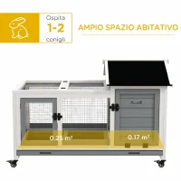 PawHut Conigliera in Legno da Interno ed Esterno con Ruote, Casetta, Tetto Apribile, Porte e Vassoio Estraibile, Grigio(m-4)