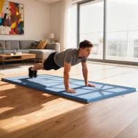 HOMCOM Tapis de gymnastique yoga pilates fitness pliable en 4 avec poignées revêtement synthétique 240 x 120 x 5 cm bleu clair(m-10)