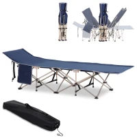Outsunny Single Person Camping Bed Folding Cot Outdoor Patio Portable Military Sleeping Bed Travel Guest Leisure Fishing with Side Pocket and Carry Bag - Blue(m-10)