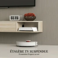 HOMCOM Meuble TV suspendu, meuble télé pour téléviseur jusqu'à 60 pouces, tiroir rabattable 2 étagères 140x24x16cm bois naturel(m-4)