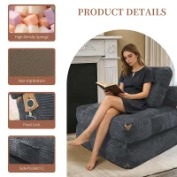 3-in-1 Convertible Corduroy Floor Sofa Bed with Side Pockets, Oversized Chaise Lounge for Bedrooms or Student Dorms, 87L x 86W x 40H cm, Gray(m-4)