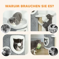 PawHut 101 cm Katzenturm, 3 Ebenen, 3 Schlafhöhlen, Spielbälle, Kratzpfosten, Sisal, Spanplatte, Grau(m-7)