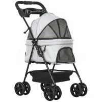 PawHut Carrito para Perros Pequeños con 4 Ruedas Freno Cesta Capota Correas de Seguridad y Ventanas 67x45x96 cm Gris Claro(m-1)