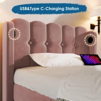 Practical Single Bed with USB and Type-C Charging Ports, Cozy Bed Frame with Grille Design Panel Headboard, 197L x 103W x 103H cm, Pink(m-4)