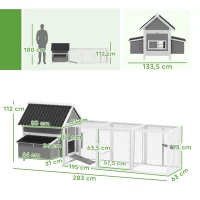 PawHut Großer Hühnerstall für 7-10 Hühner, Sitzstangen, Schaukel, Fenster, Nistkästen, Maschendraht, Grau(m-3)