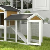 PawHut Hasenstall 2 Etagen Kaninchenstall Holz Kaninchenkäfig mit Bitumendach Freilaufgehege Rampe Türen 147x54x84 cm Gelb(m-9)