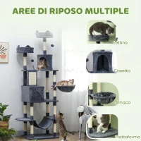PawHut Tiragraffi per Gatti Alto 206 cm con 4 Pali Graffiatoi, Grotte, Cesti, Amache, per 1-3 Gattini 6 kg, Grigio Scuro(m-4)