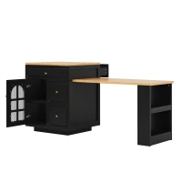 Extendable Bar Table with Arched Tempered Glass Doors, Space-Saving Dining Table for Kitchen or Living Space, 195.5L x 70W x 93.5H cm, Black(m-11)