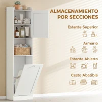 HOMCOM Armario Alto de Baño con Cesto Ropa Sucia con Compartimentos Abiertos y Estantes Ajustables 40x30x170 cm Blanco(m-14)