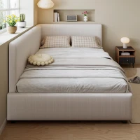 4ft6 Double Bed with Integrated Side Rails, Ideal Bed Frame for Children and Elderly Users, 194L x 146.5W x 82.5H cm, Beige(m-6)