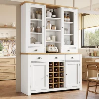 Kitchen Pantry Cabinet with Wine Rack and Adjustable Shelves, Glass-Door Buffet Sideboard with 5 Deep Drawers, 120L x 40W x 185H cm, White(m-1)