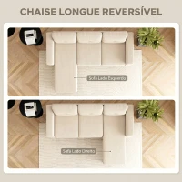 HOMCOM Sofá Chaise Longue Reversível de 3 Lugares Estofado em Veludo Estrutura de Aço Para Salas Pequenas Creme(m-4)