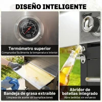 Outsunny Barbacoa de Gas con 4 Quemadores 12,8 kW Termómetro Parrillas de Hierro Fundido Mesas Laterales Armario y Ruedas Negro(m-7)