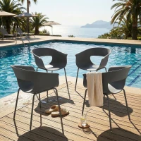 Outsunny Set 4 Scaune de Grădină, cu Brațe și Spătar Perforat, din PP și Metal, 61x51x74 cm, Gri Închis(m-9)