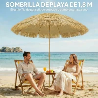 Outsunny Sombrilla de Playa con Flecos de Paja Ø178 cm con Inclinación Altura Ajustable UV50+ Bolsa de Transporte Marrón Claro(m-4)