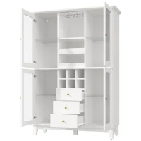 White Wine Cabinet with App-Controlled RGB LED Lighting, Adjustable-Dlass-Shelf Showcase with Wine Rack and Glass Holder, 120L x 40W x 180.5H cm, White(m-13)