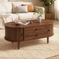 Spacious Room Table with Sliding Doors and 2 Drawers, Retro Oval Coffee Table with Vertical Slats and Clean Lines, 100L x 50W x 40H cm, Walnut(m-1)