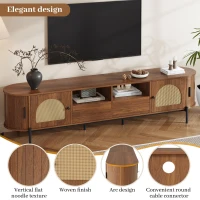 Space-Saving TV Stand with 2 Sliding Doors and 2 Drawers, Stylish TV Cabinet with Rattan Doors and Metal legs, 200L x 40W x 50H cm, Walnut(m-4)