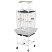 PawHut Vogelkäfig, Papageienkäfig mit 3 Türen, 2 Sitzstange, 360° Rollen, Futternapf, Ablage, Freisitz, 62,5x62,5x156cm, Weiß(m-11)