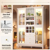 White Wine Cabinet with App-Controlled RGB LED Lighting, Adjustable-Dlass-Shelf Showcase with Wine Rack and Glass Holder, 120L x 40W x 180.5H cm, White(m-5)