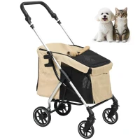 PawHut Hundewagen, Leichter und faltbarer Transportwagen für kleine Hunde, waschbares Kissen, Netzfenster, Khaki(m-12)