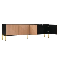 Spacious TV Cabinet with 4-Door Concealed Storage, Practical TV Stand for Dining Rooms and Living Rooms, 179L x 35W x 53.5H cm, Black+Wood(m-11)