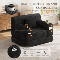 1-Seater Sleeper Sofa with Metal Frame and High-Density Foam, Single Convertible Chair Bed for Cosy Interiors, 107L x 80W x 81H cm, Black(m-4)
