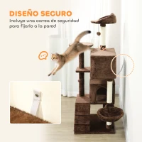 PawHut Árbol Rascador para Gatos 140 cm con Plataformas Cama 2 Cuevas Hamaca Escalera Postes de Sisal Marrón(m-6)
