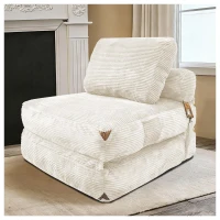 3-in-1 Convertible Corduroy Floor Sofa Bed with Side Pockets, Oversized Chaise Lounge with High-Density Sponge, 87L x 86W x 40H cm, White(m-1)