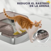 PawHut Arenero para Gatos Cubierto con Bandeja de Acero Inoxidable Bordes Altos Pala y Zona para Caída de Arena Gris(m-5)