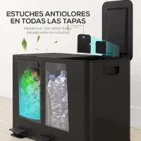 HOMCOM Papelera Cocina de Acero Inoxidable con 3 Compartimentos 3x15L con Pedales Tapas de Cierre Suave y Cubo Extraíble Negro(m-5)