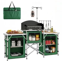 Outsunny Mueble de Cocina para Camping Plegable con 3 Mesas 4 Ganchos Poste de Luz y Bolsa de Transporte 172x48x130 cm Verde(m-11)