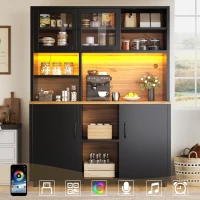 Tall Multi‑Purpose Storage Cabinet with App‑Controlled LED Lighting, Retro-Style Kitchen Hutch for Kitchen or Living Spaces, 140L x 40W x 185H cm, Black(m-7)